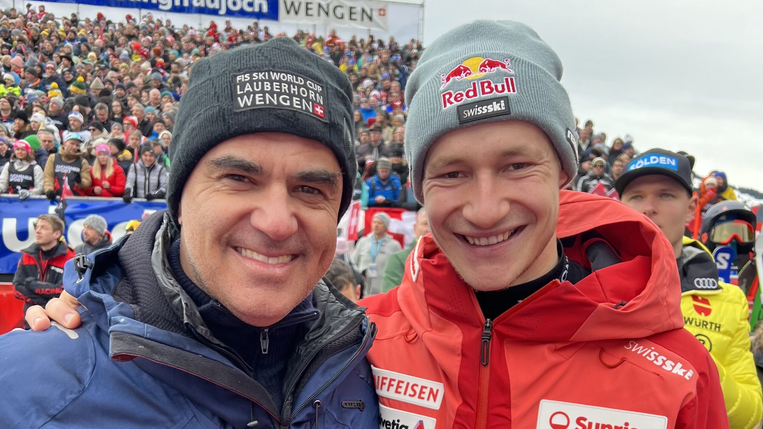 With Swiss alpine ski champion Marco Odermatt at the mythical Lauberhorn race. Photo: FDHA