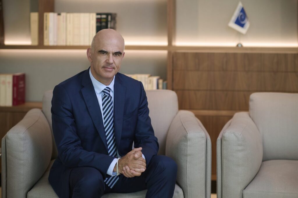 Alain Berset, Secretary General of the Council of Europe, seated in his office in Strasbourg