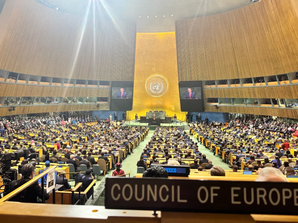 The United Nations General Assembly hall during the general debate, seen from the Council of Europe's seat