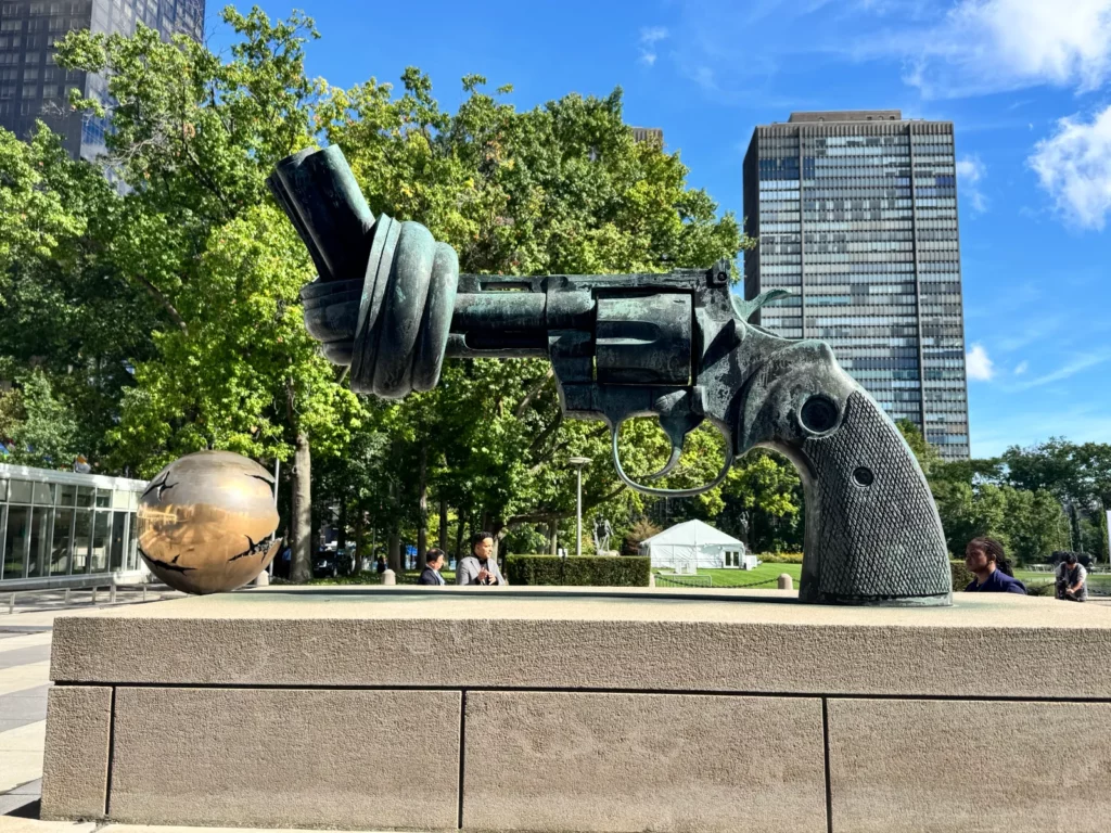 The “Non-Violence” sculpture, a revolver with a knotted barrel, outside United Nations headquarters in New York